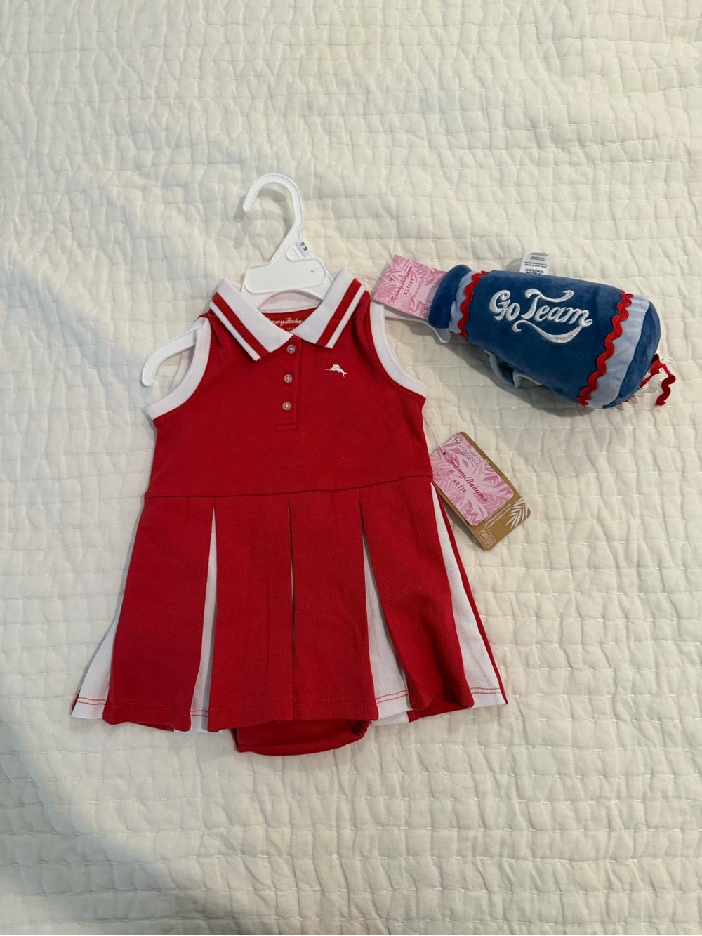 Tommy Bahama Red and White Polo Baby Dress with Go Team Rattle / Cheerleader